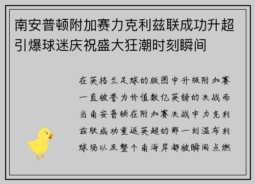 南安普顿附加赛力克利兹联成功升超引爆球迷庆祝盛大狂潮时刻瞬间 南安普顿附加赛力克利兹联成功升超引爆球迷庆祝盛大狂潮时刻瞬间